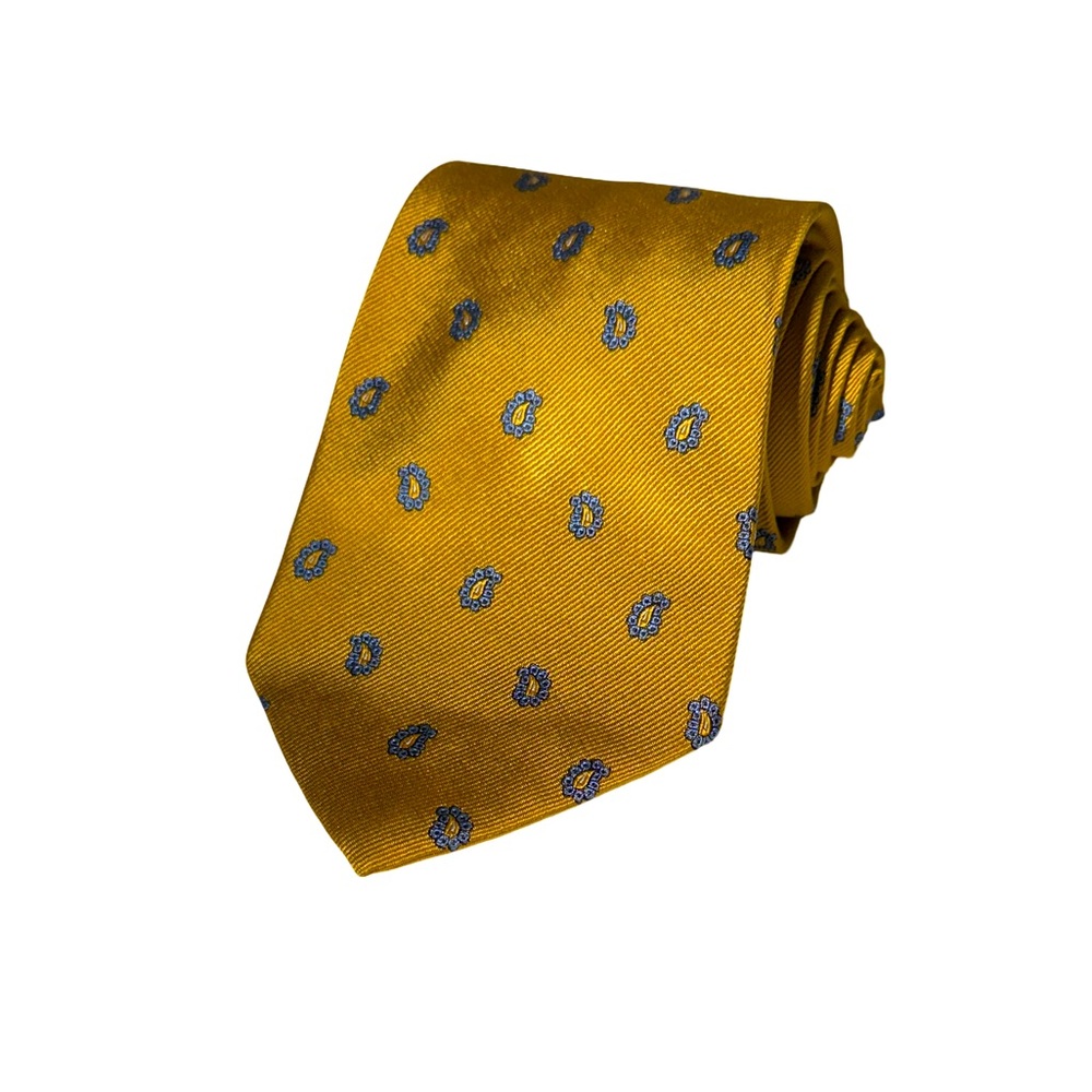 Brooks Brothers mens gold blue paisley print 100% silk neck tie EUC